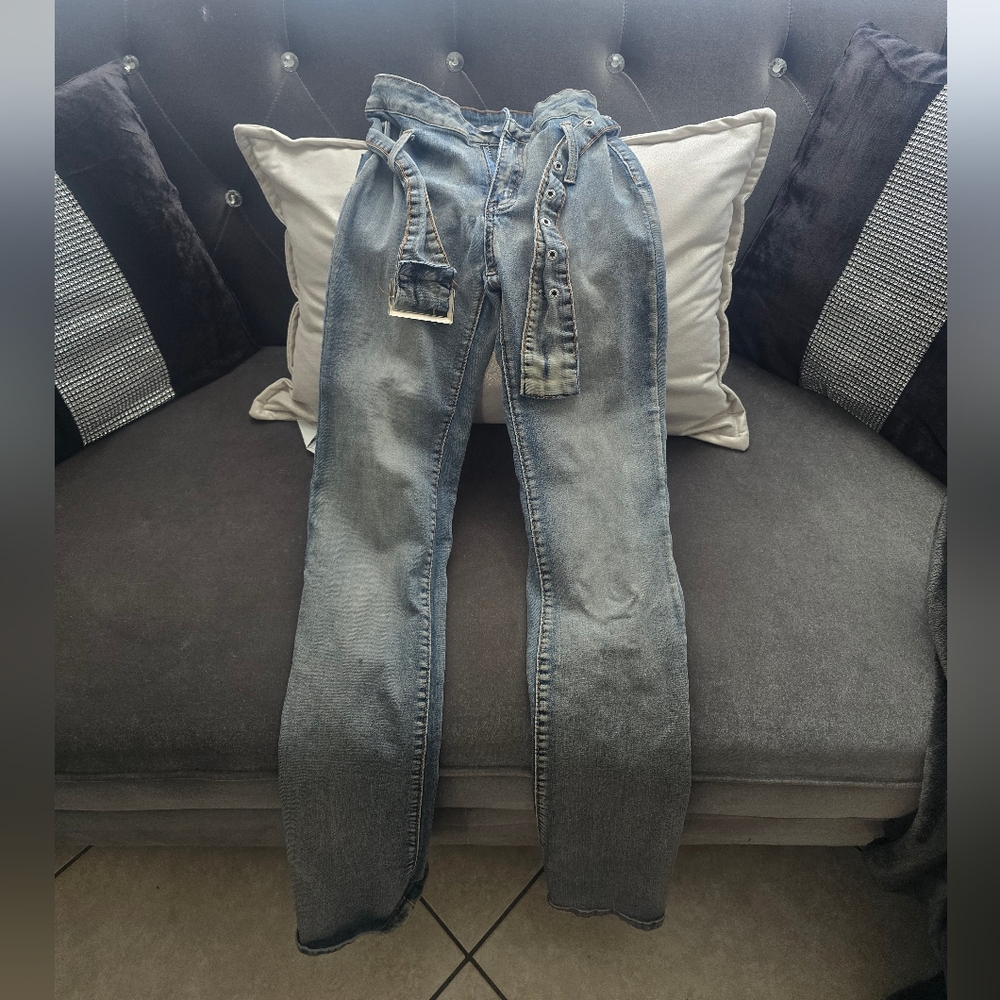 Women’s Light Blue Wide Leg Denim Jeans with Tie Belt